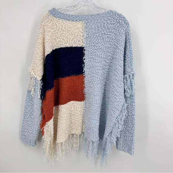 Pol Fringed Color Block Popcorn Knit Patchwork Oversized Sweater Blue Size M - Picture 7 of 11